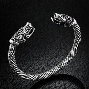 Unisex Vintage Silver Viking Nordic Thor Chinese Dragon Cuff Bangle Bracelet